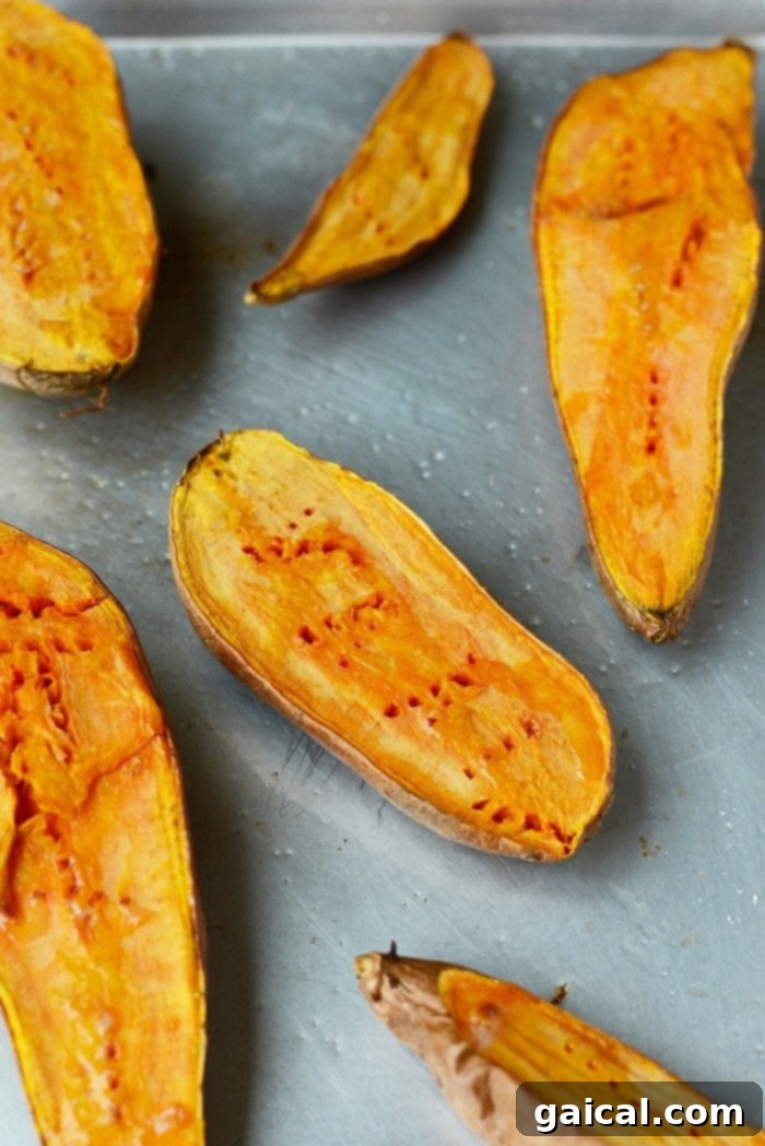 Roasted sweet potatoes, essential for making the perfect burger puree