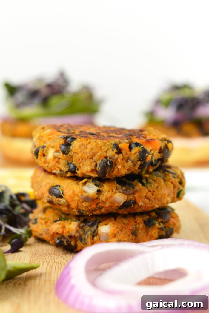 Stack of quinoa sweet potato black bean burgers, ready to be served
