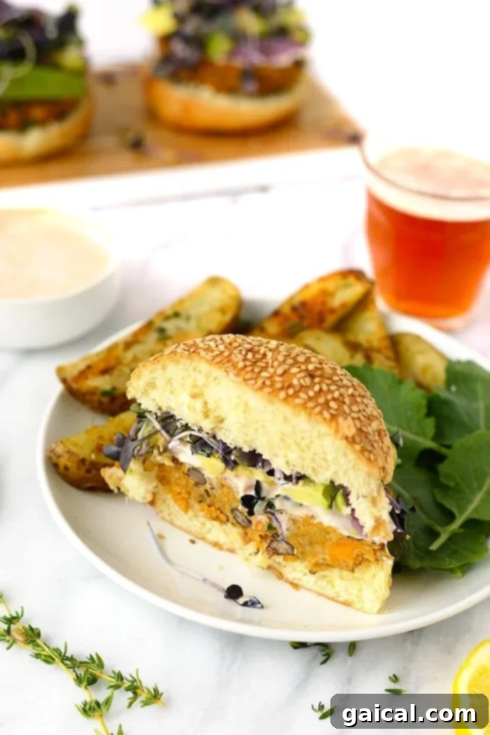 A half-eaten quinoa sweet potato burger on a plate with fresh greens