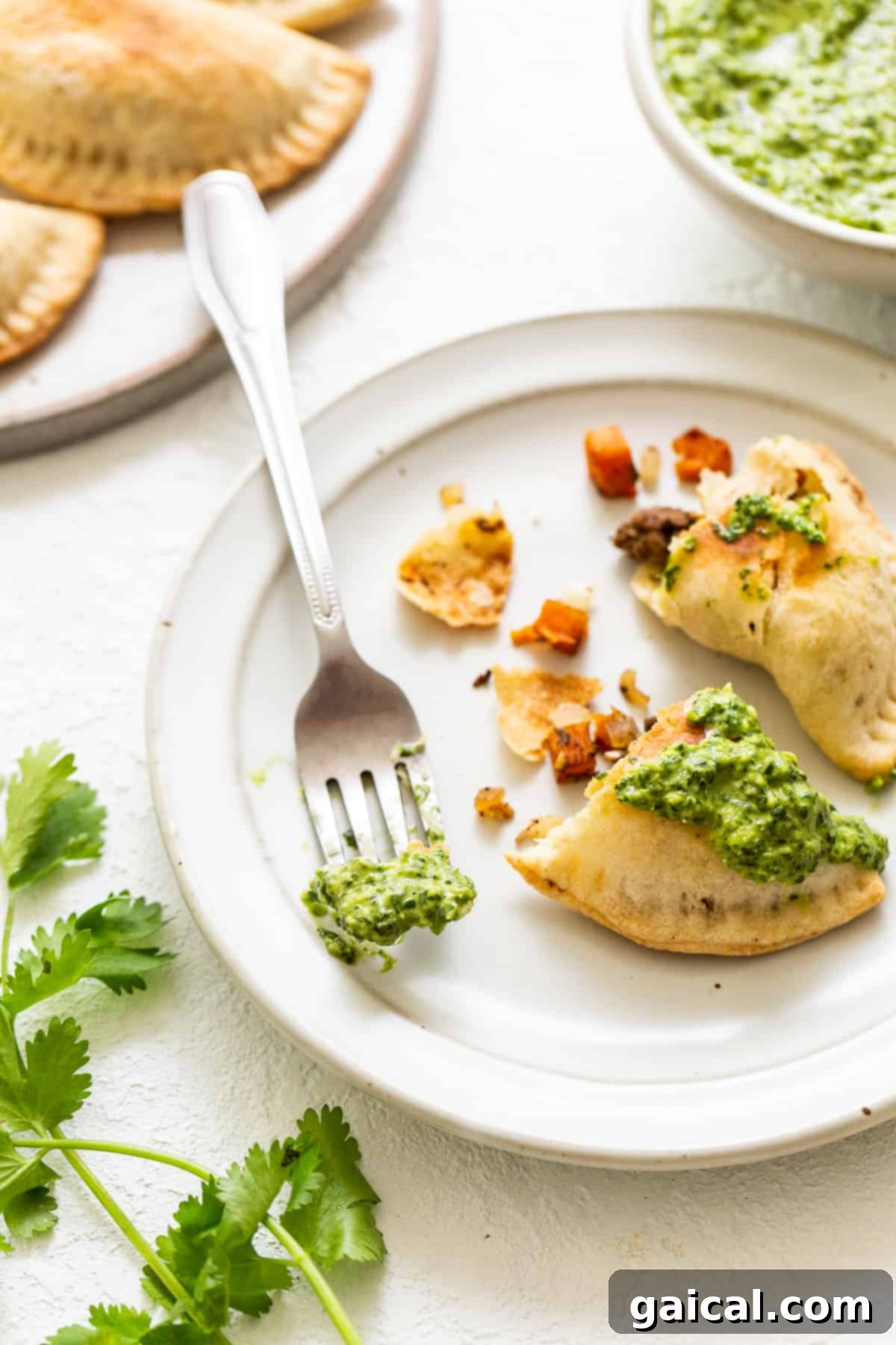 Savory Beef and Sweet Potato Empanadas 2 Golden-brown sweet potato ground beef empanadas served with a side of fresh green sauce.