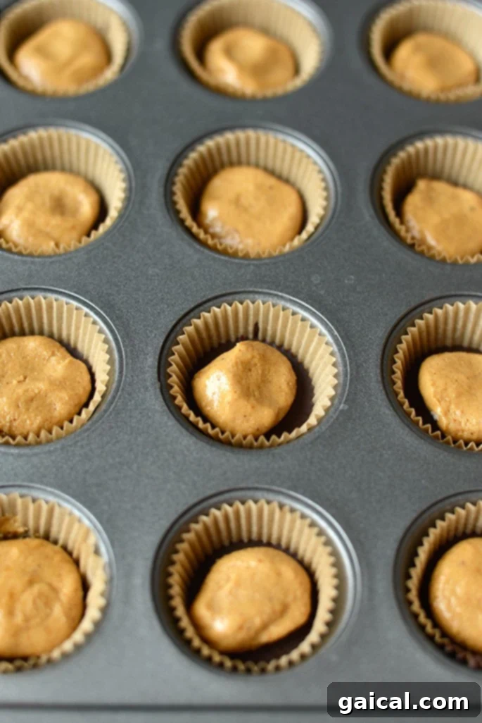 Protein Boost Peanut Butter Cups 2 Protein peanut butter cups setting in a mini muffin tin, awaiting their chocolate topping.