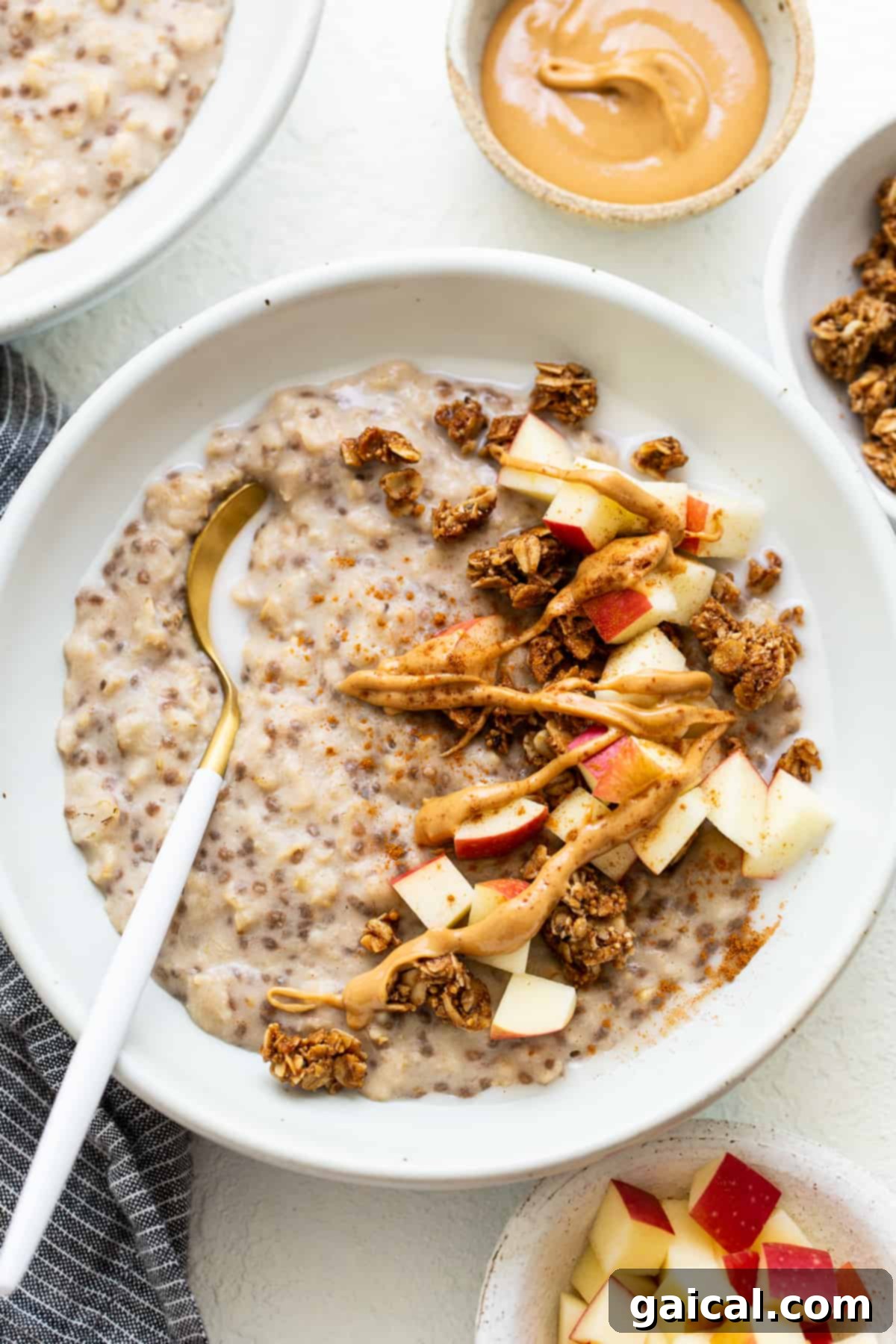 A beautifully presented bowl of apple cinnamon oatmeal, garnished with fresh apple slices and a sprinkle of cinnamon, ready to be enjoyed.
