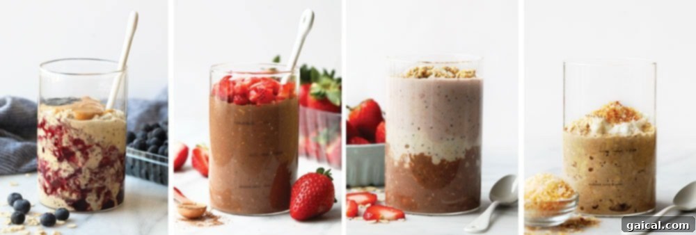 A vibrant array of different overnight oats recipes, each in a glass jar with various toppings, showcasing diverse flavor options.