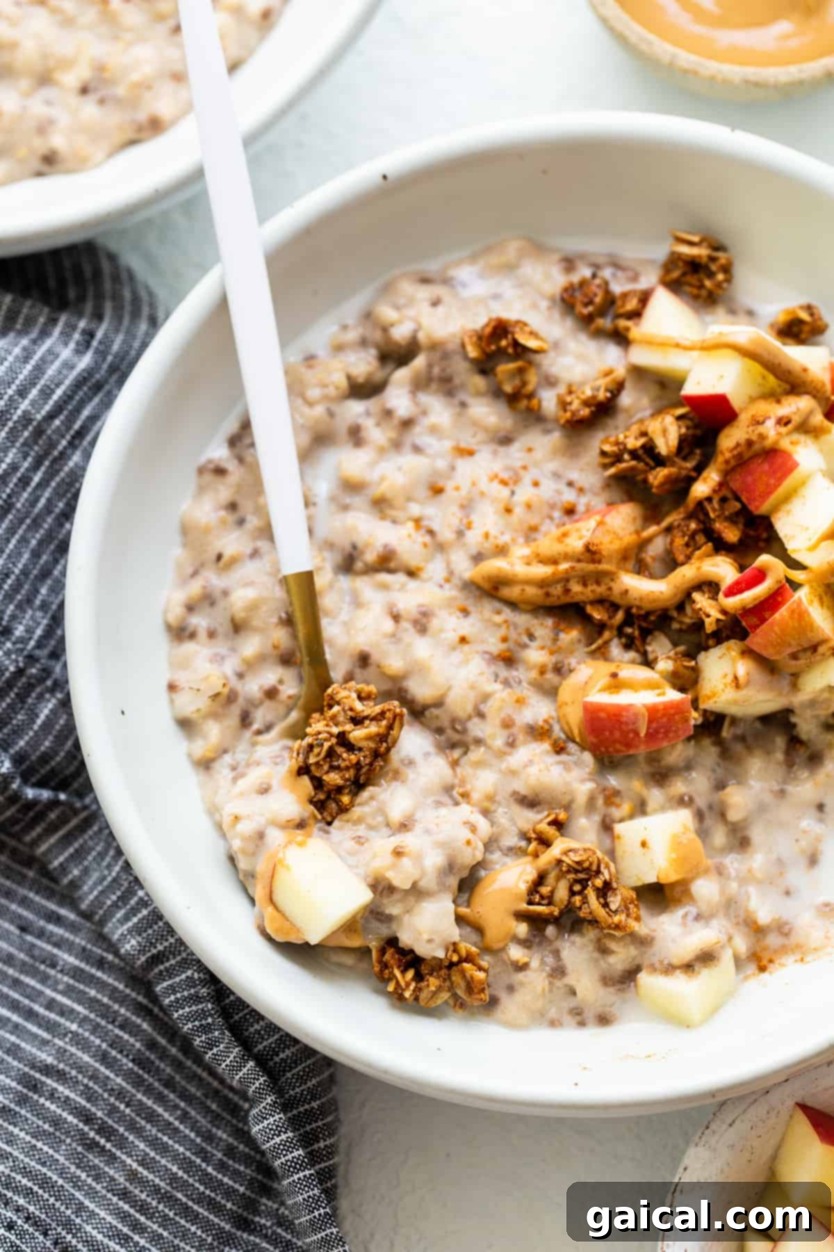 A bowl of apple cinnamon oatmeal, beautifully topped with a generous sprinkle of crunchy granola, ready to eat.