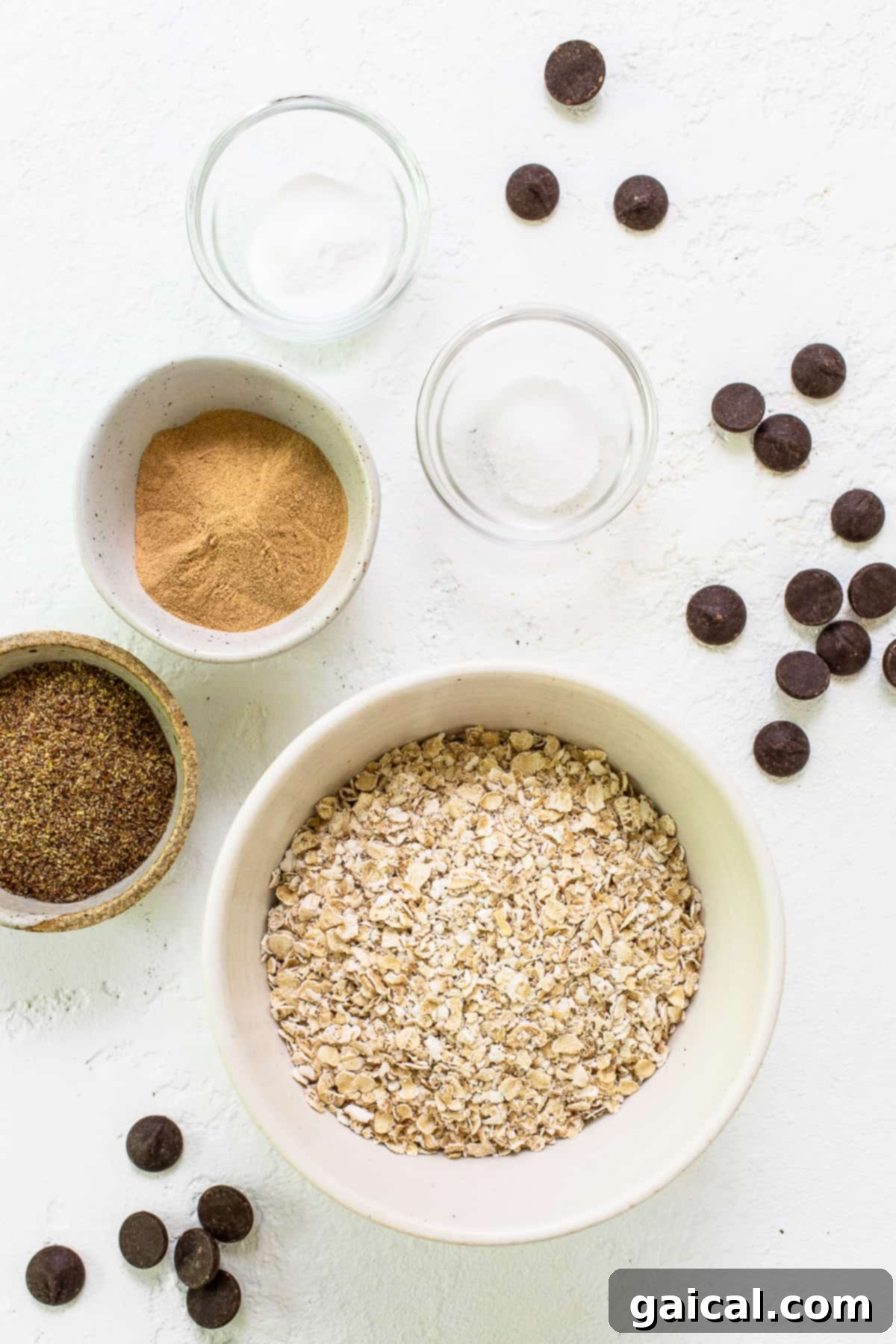 A bowl filled with the dry ingredients for lactation cookies, including oats, flaxseed, and chocolate chips.