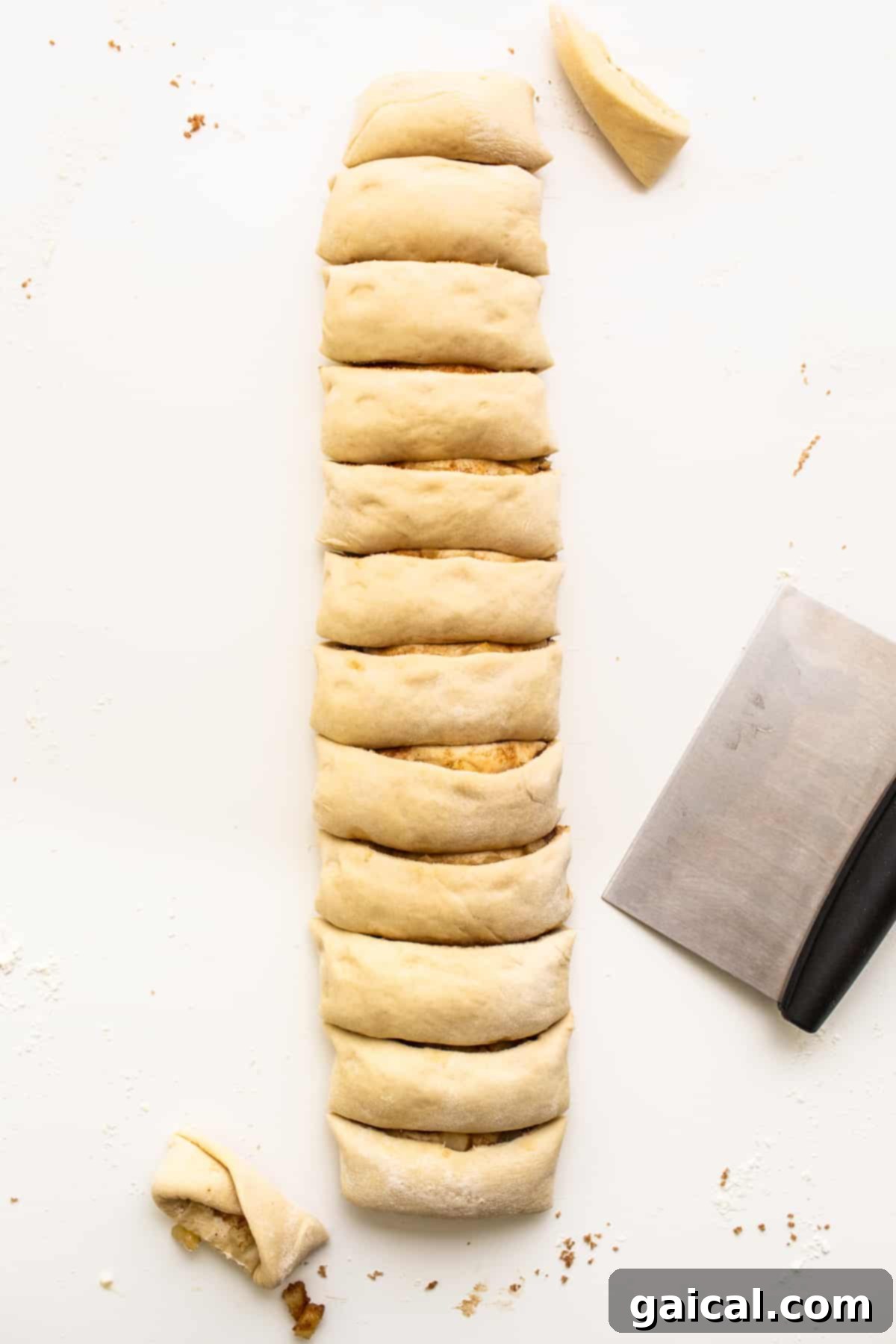 Apple cinnamon roll dough cut into uniform rolls, showcasing the beautiful filling spirals.