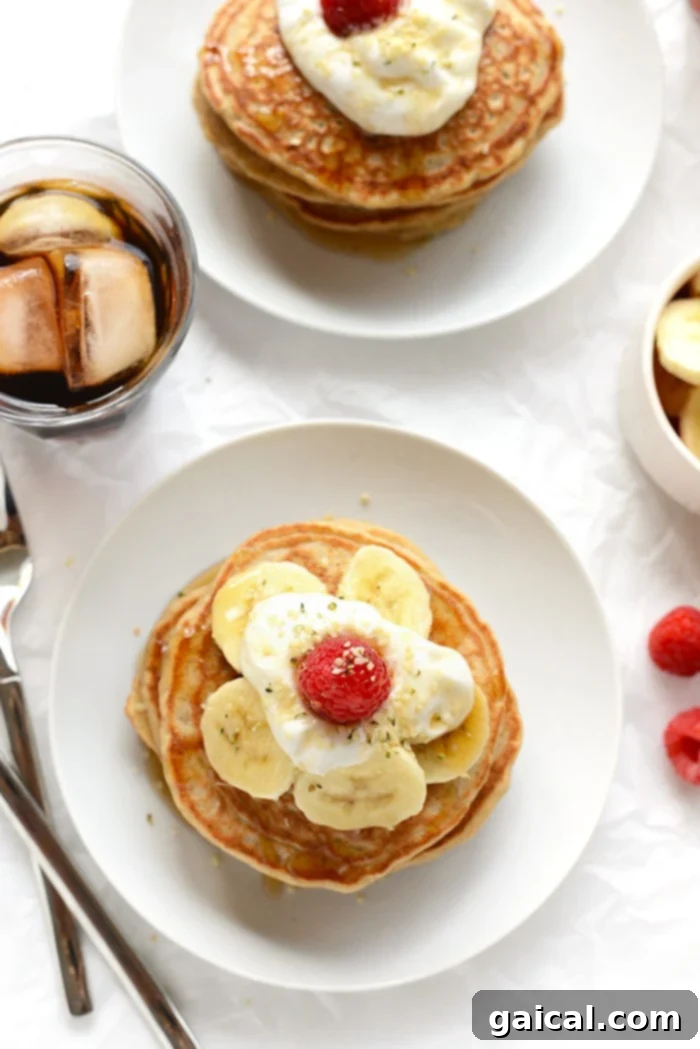Whole Grain Banana Pancakes: Healthy & No Added Sugar Start your morning with a stack of 100% whole-grain, no sugar-added banana pancakes made with real ingredients. Don’t forget to top them with fresh fruit and Greek yogurt!