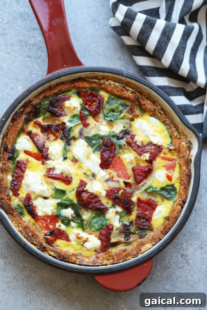 Sweet Potato Crust Quiche: Gluten-Free, Protein-Packed Meal Prep Sweet potato crust quiche in a skillet