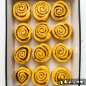 Autumn Pumpkin Swirls 9 Pumpkin cinnamon rolls in a baking dish.