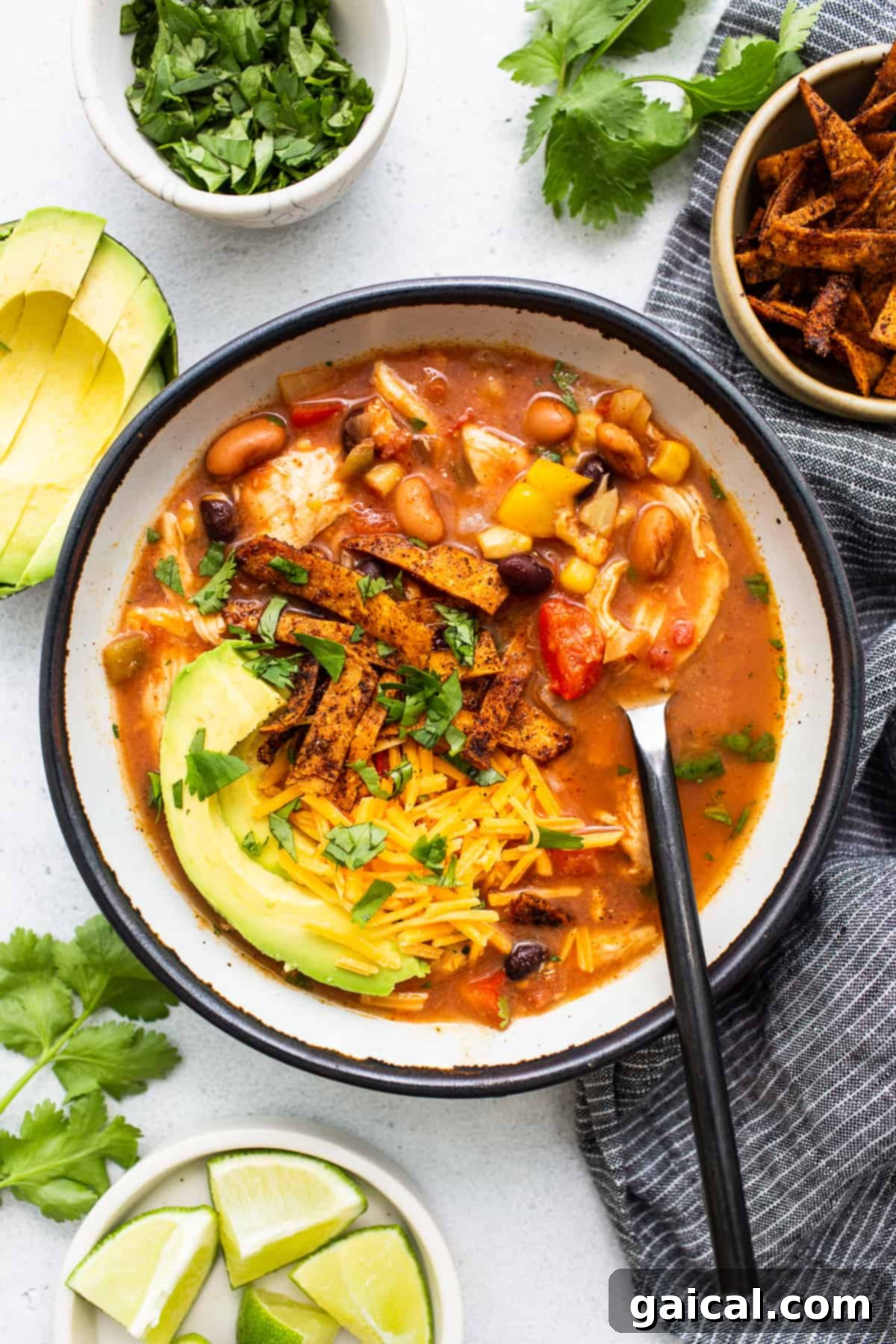 A final, enticing close-up of the slow cooker chicken tortilla soup in a bowl, perfectly garnished and ready to be enjoyed.