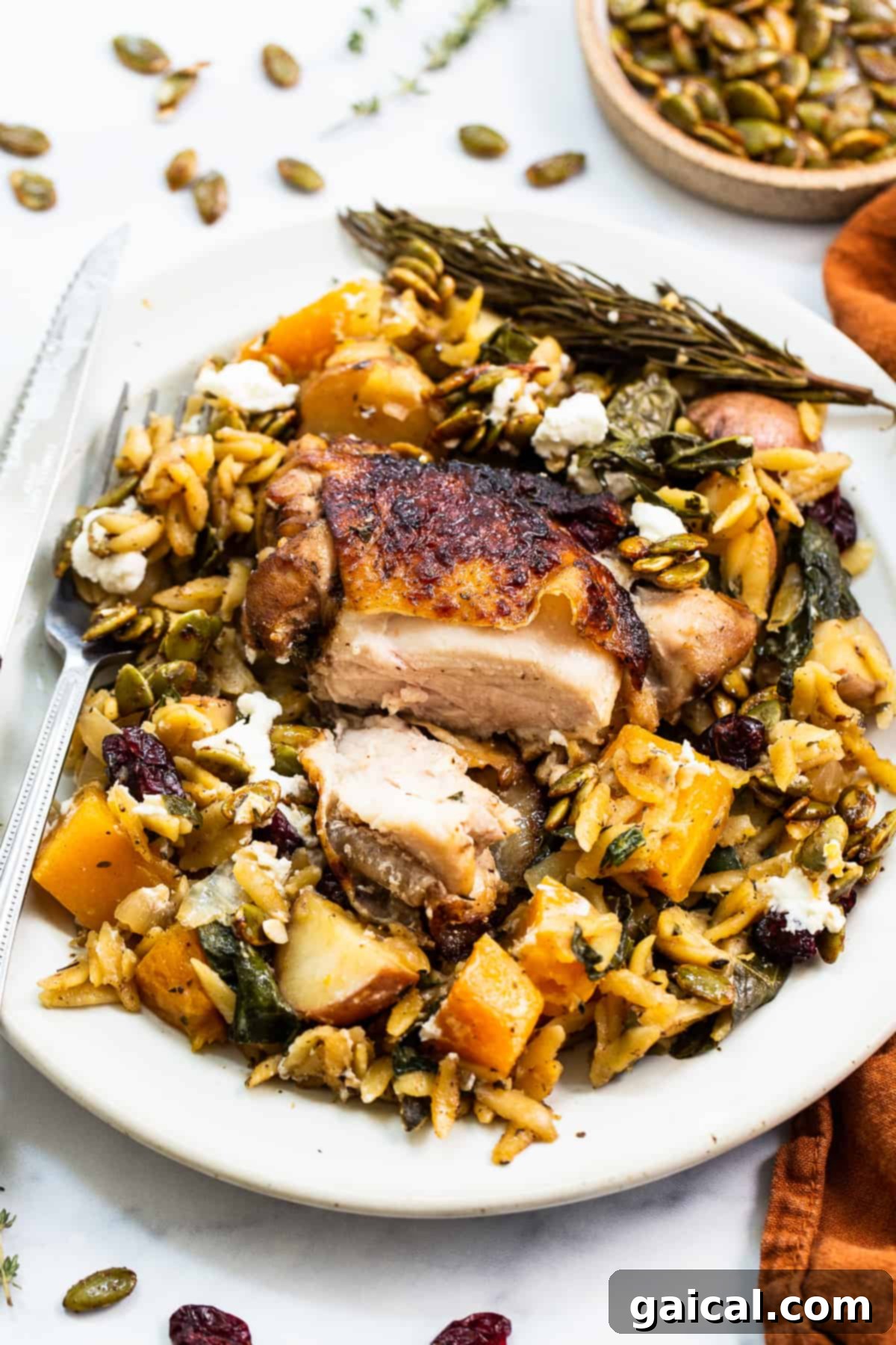 Golden Autumn Skillet Orzo 8 A perfectly cooked chicken thigh, sliced in half to reveal its juiciness, resting atop a bed of tender orzo and vibrant vegetables, ready for a satisfying fall meal.