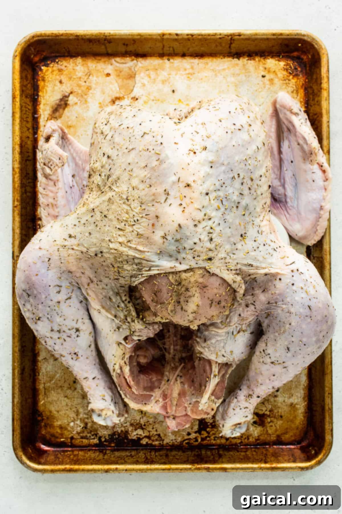 Unlock the Juiciest Turkey Your Dry Brine Blueprint 4 Uncooked turkey on a baking sheet before dry brining.
