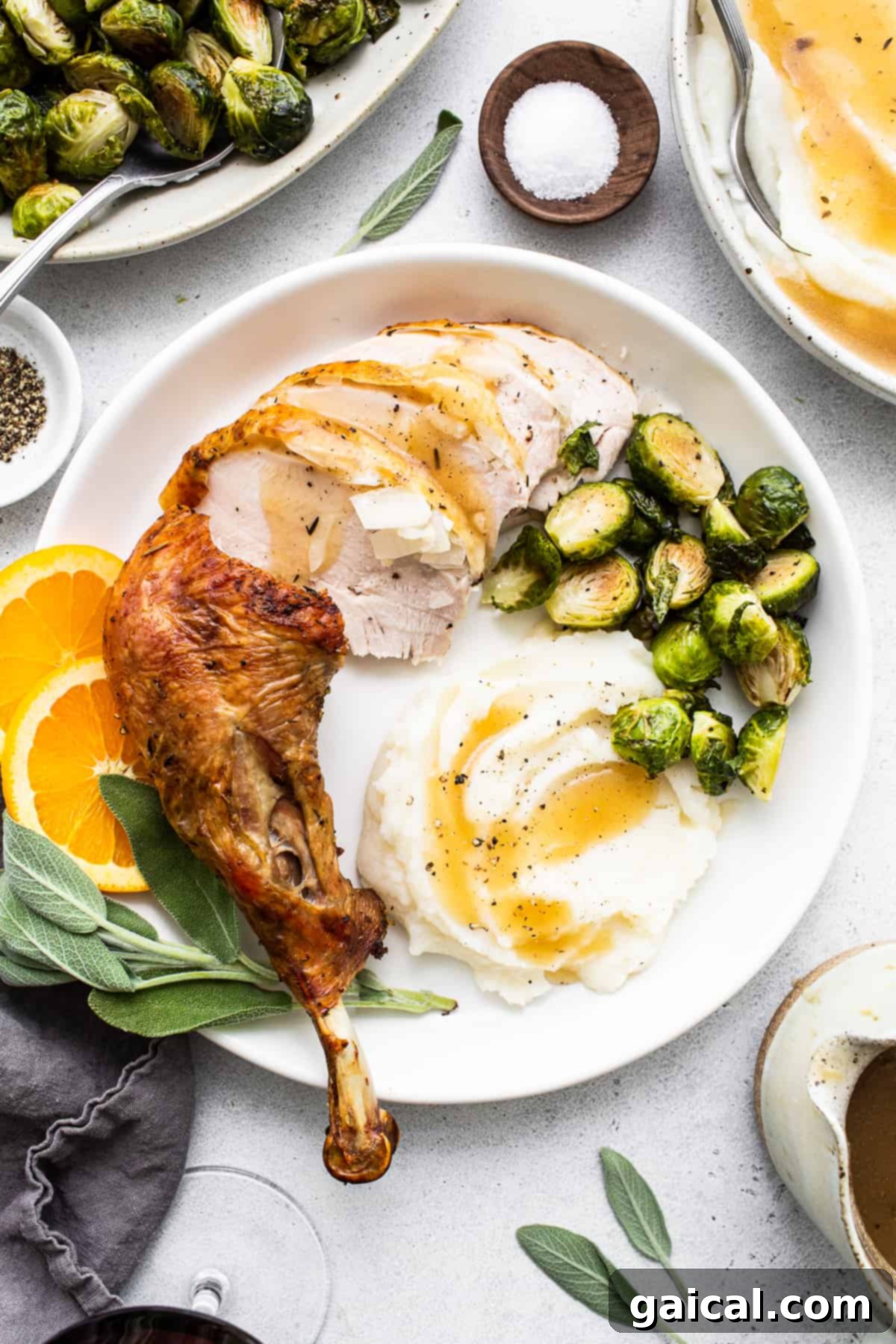 Unlock the Juiciest Turkey Your Dry Brine Blueprint 5 A Thanksgiving plate featuring sliced turkey and various side dishes on a counter.