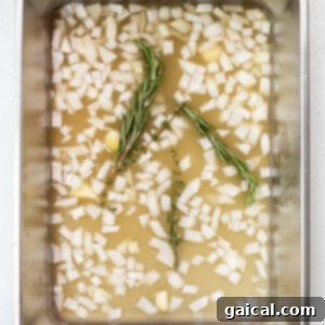 Basting liquid prepared in the bottom of a roasting pan with aromatics.