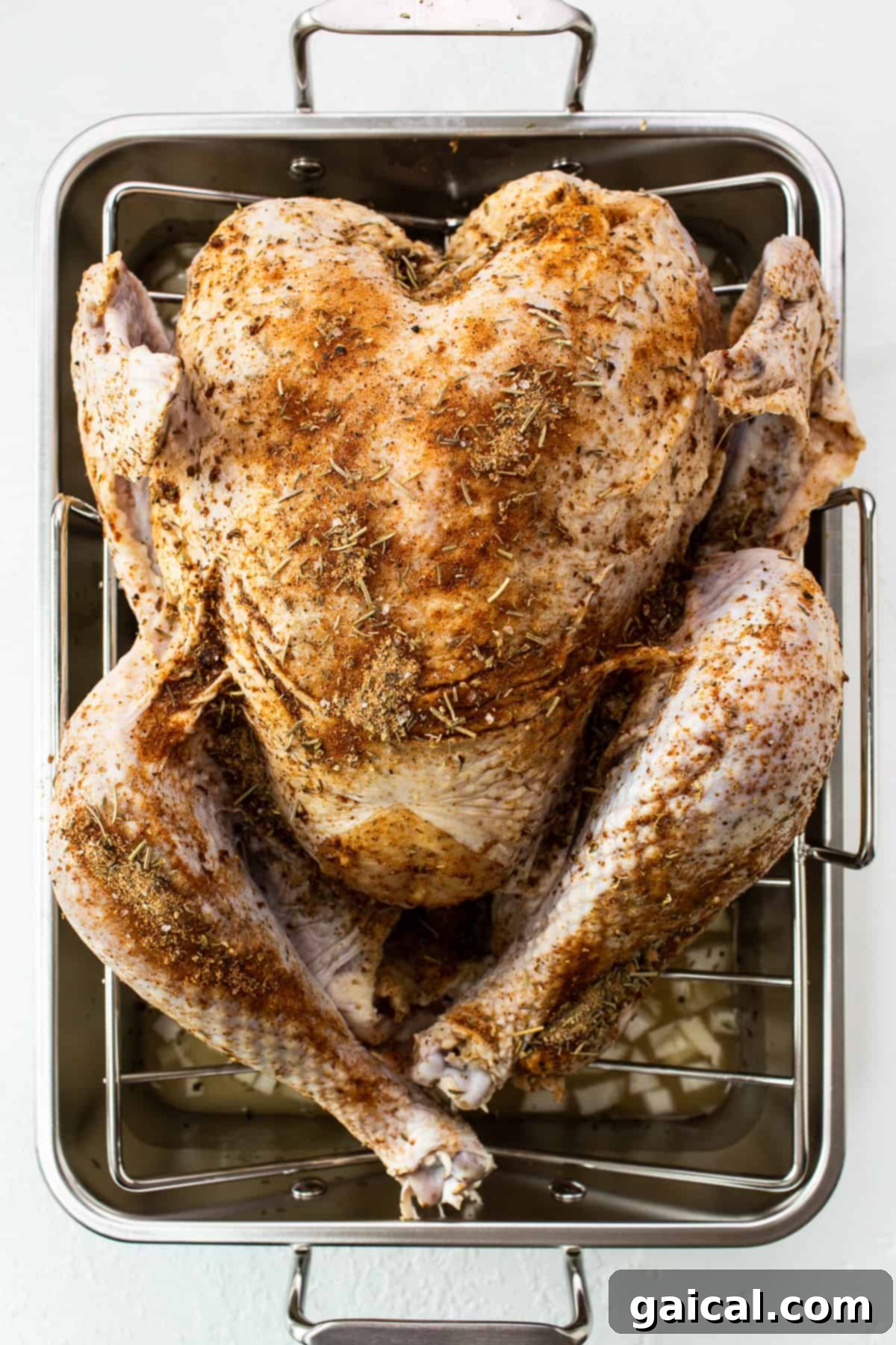 The Ultimate Thanksgiving Turkey Guide 4 A whole raw turkey generously coated with a savory dry rub, placed on a roasting rack within a pan, ready for the oven.