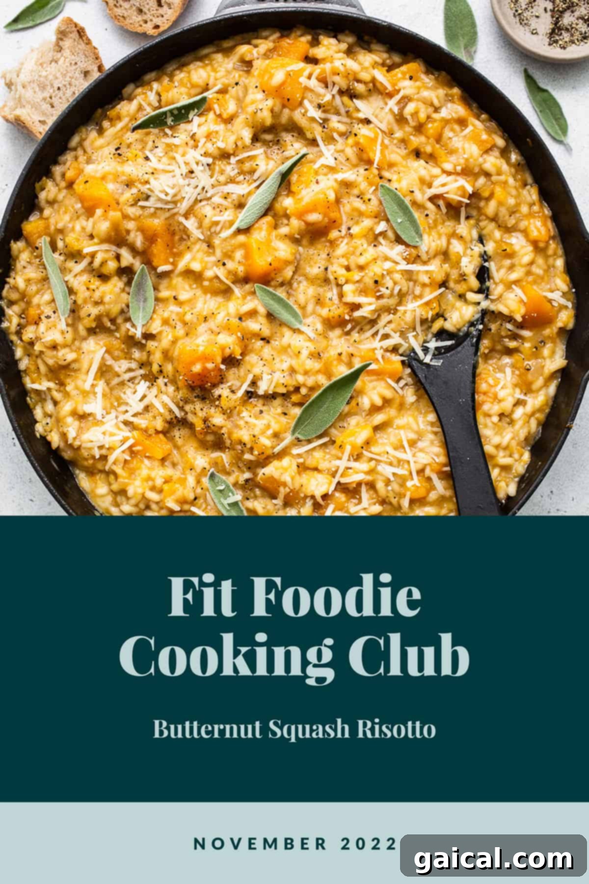 Fit Foodie Kitchen November 2022 2 Creamy Butternut Squash Risotto in a bowl, garnished with fresh herbs.