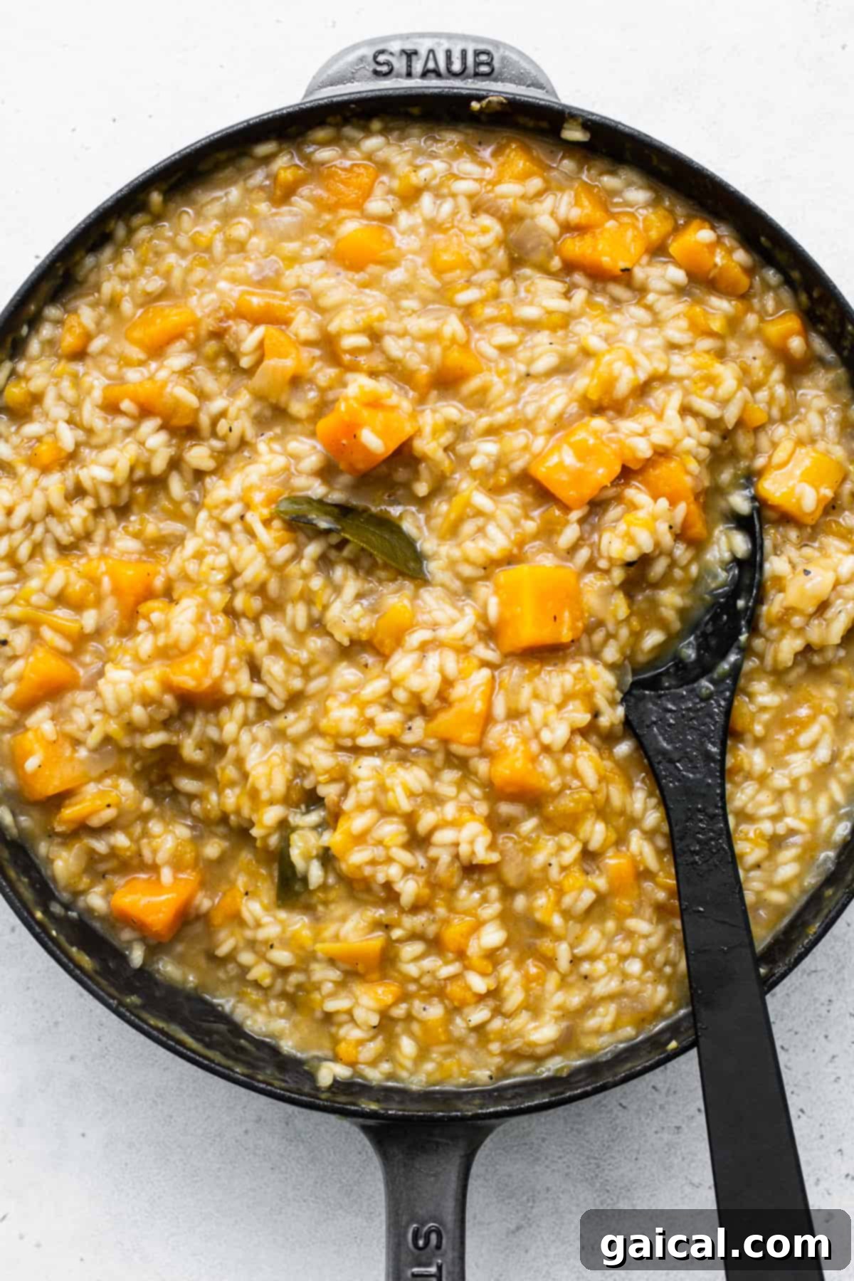 Velvety Butternut Squash Risotto 6 Close-up of creamy butternut squash risotto gently bubbling in a wide pan, absorbing the last of the broth, showcasing its perfect al dente texture and readiness.