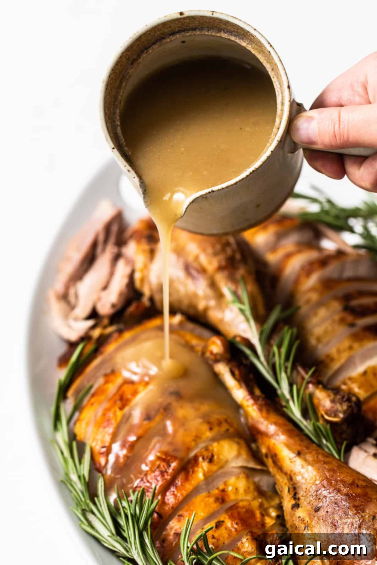 Golden Turkey Gravy on Sliced Turkey Rich, homemade turkey gravy being generously poured over perfectly sliced roasted turkey, ready to be served.