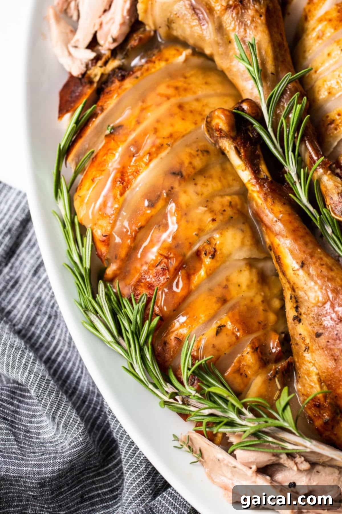 Sliced Roasted Turkey on Plate Generous slices of roasted turkey arranged beautifully on a white plate, ready to be served with gravy.