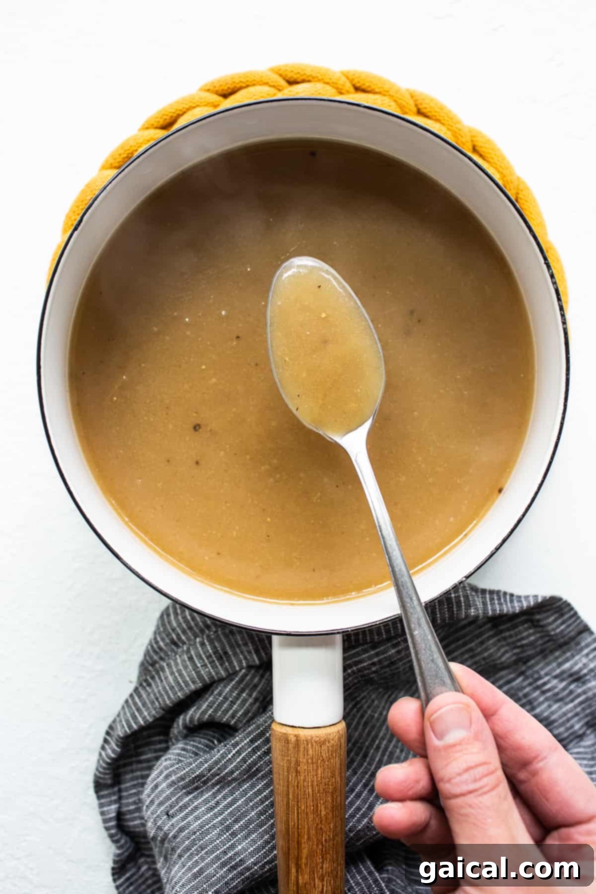 Perfectly Thick Turkey Gravy on a Spoon A spoon scooping up a generous portion of rich, golden-brown turkey gravy, showing its thick and glossy texture.