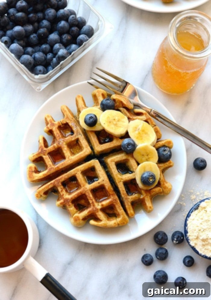 Wholesome Blueberry Waffles 3 A close-up view of a single healthy blueberry waffle on a white ceramic plate, showcasing its fluffy texture and visible blueberries.