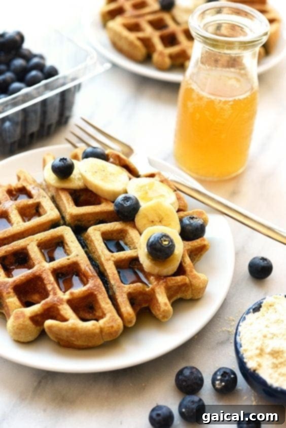 Wholesome Blueberry Waffles 4 A close-up shot of a single healthy blueberry waffle garnished with a few fresh blueberries on a white plate.