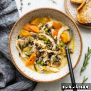 A bowl of turkey soup with wild rice and vegetables.