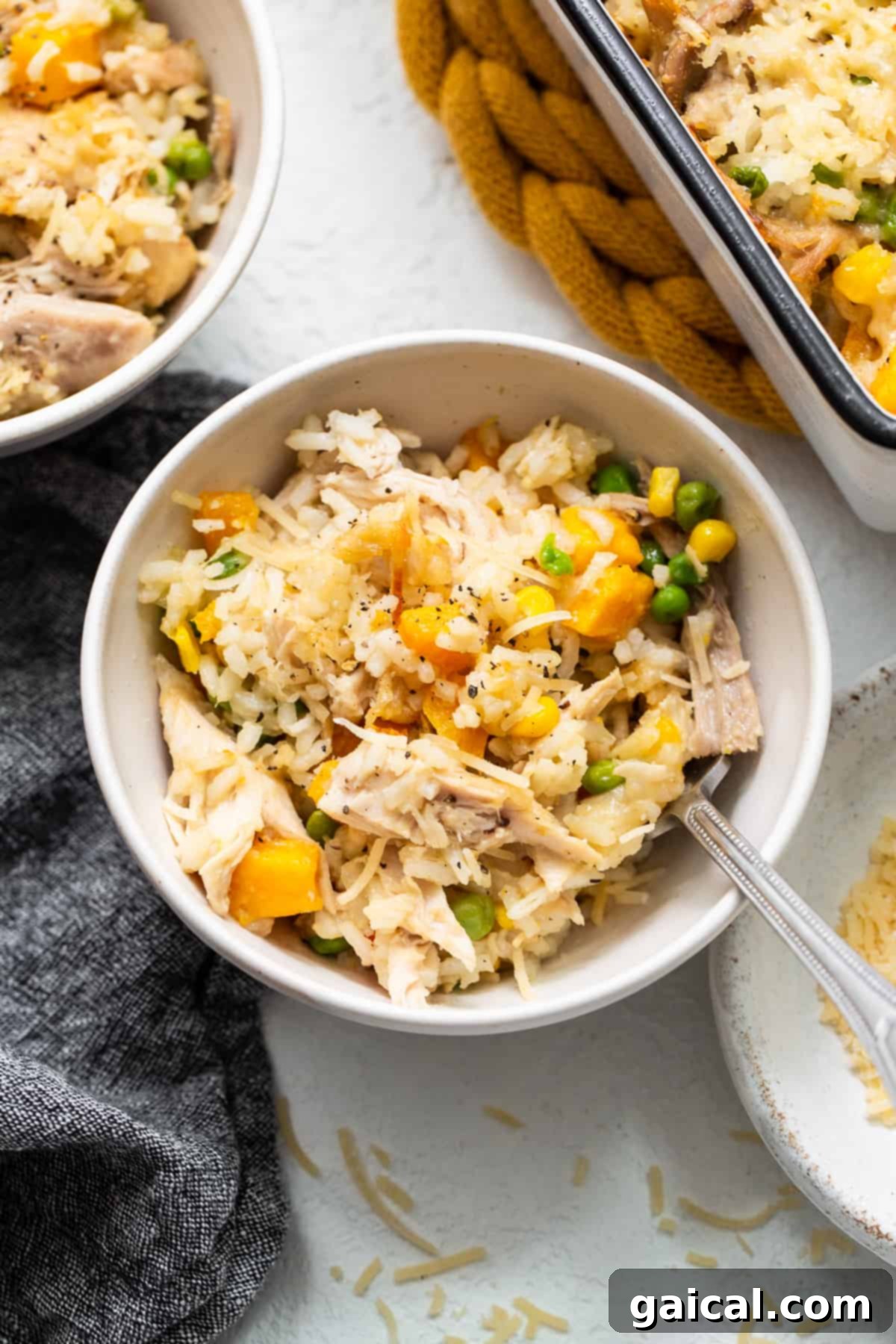 A hearty turkey casserole in a serving bowl, ready to be enjoyed.
