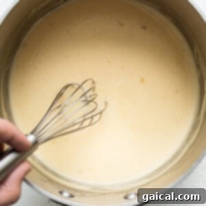 A person whisking a creamy sauce in a pan.