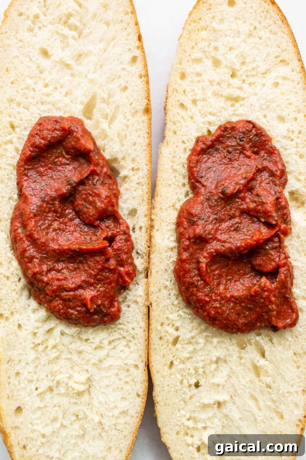 Homemade Pizza Sauce Elevates French Bread Pizza Homemade pizza sauce generously spread on French bread pizza.