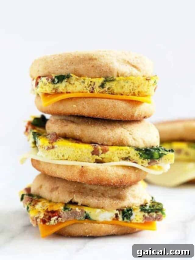 15+ Creative Egg Breakfasts to Kickstart Your Day 14 A stack of delicious freezer breakfast sandwiches, ready for a quick and easy morning meal.