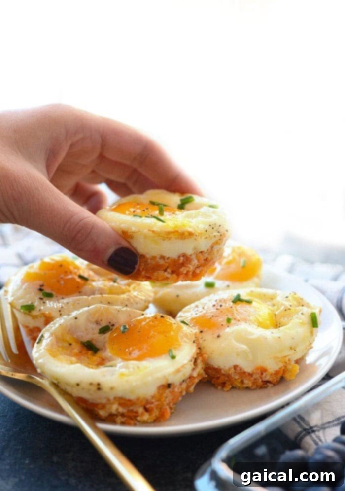 15+ Creative Egg Breakfasts to Kickstart Your Day 9 A person holds a plate with vibrant Sweet Potato Hash Egg Cups, showcasing a wholesome and delicious breakfast.