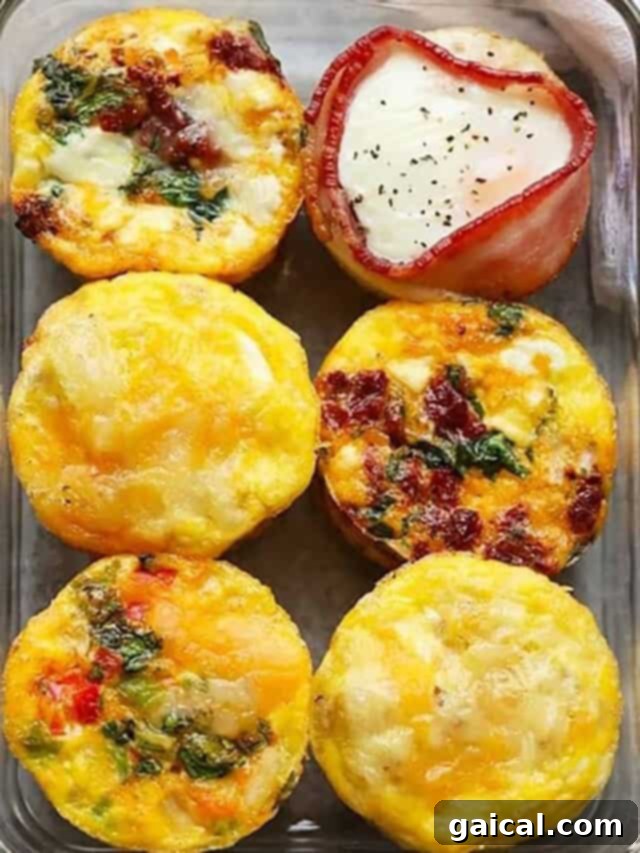 15+ Creative Egg Breakfasts to Kickstart Your Day 10 A variety of healthy breakfast egg cups, perfectly baked and ready for weekly meal prep.