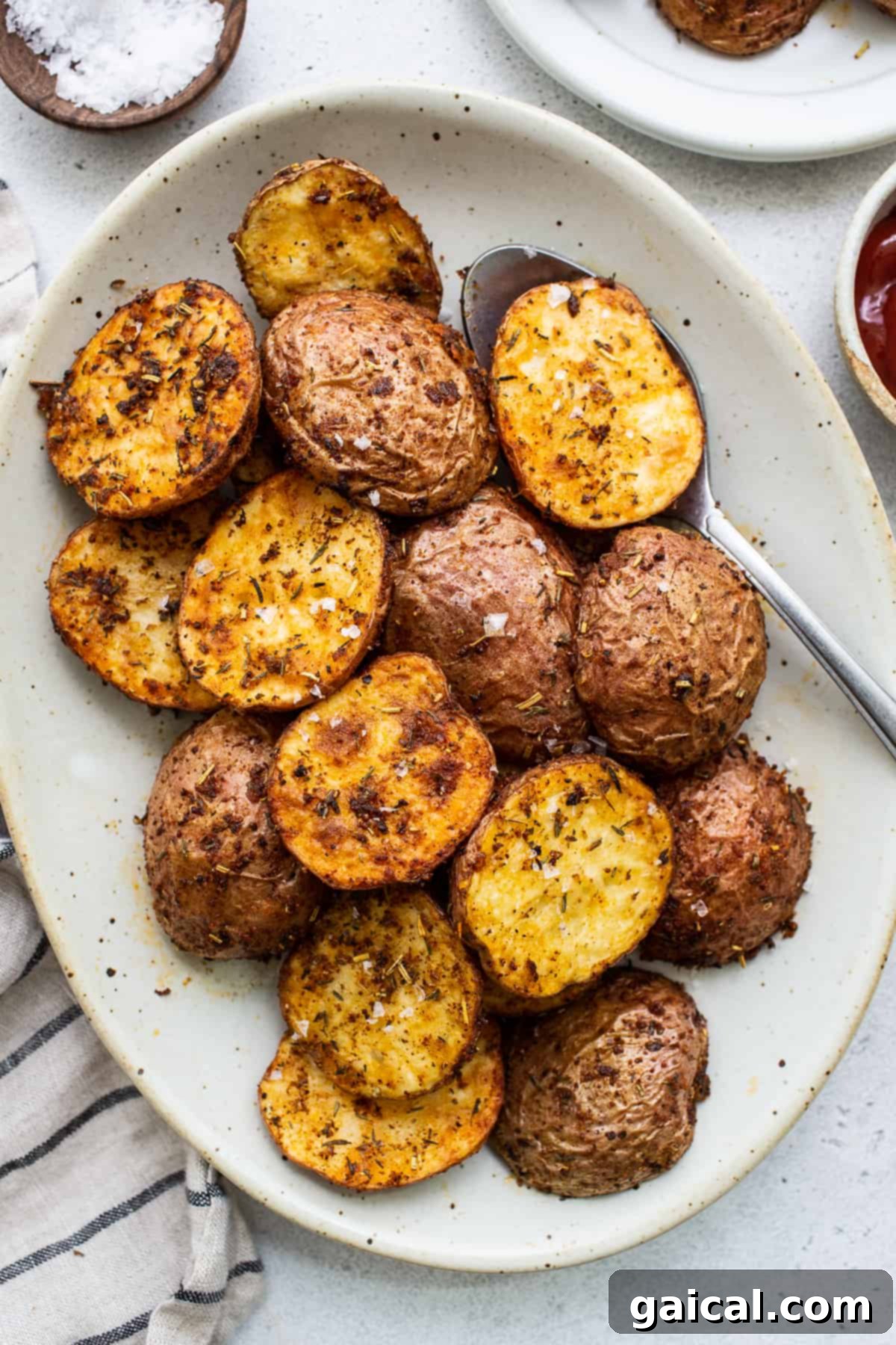 A serving of crispy air fryer potatoes on a white plate, seasoned and ready to eat.