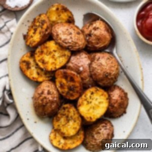 Roasted potatoes on a plate with ketchup and a sprinkle of salt.