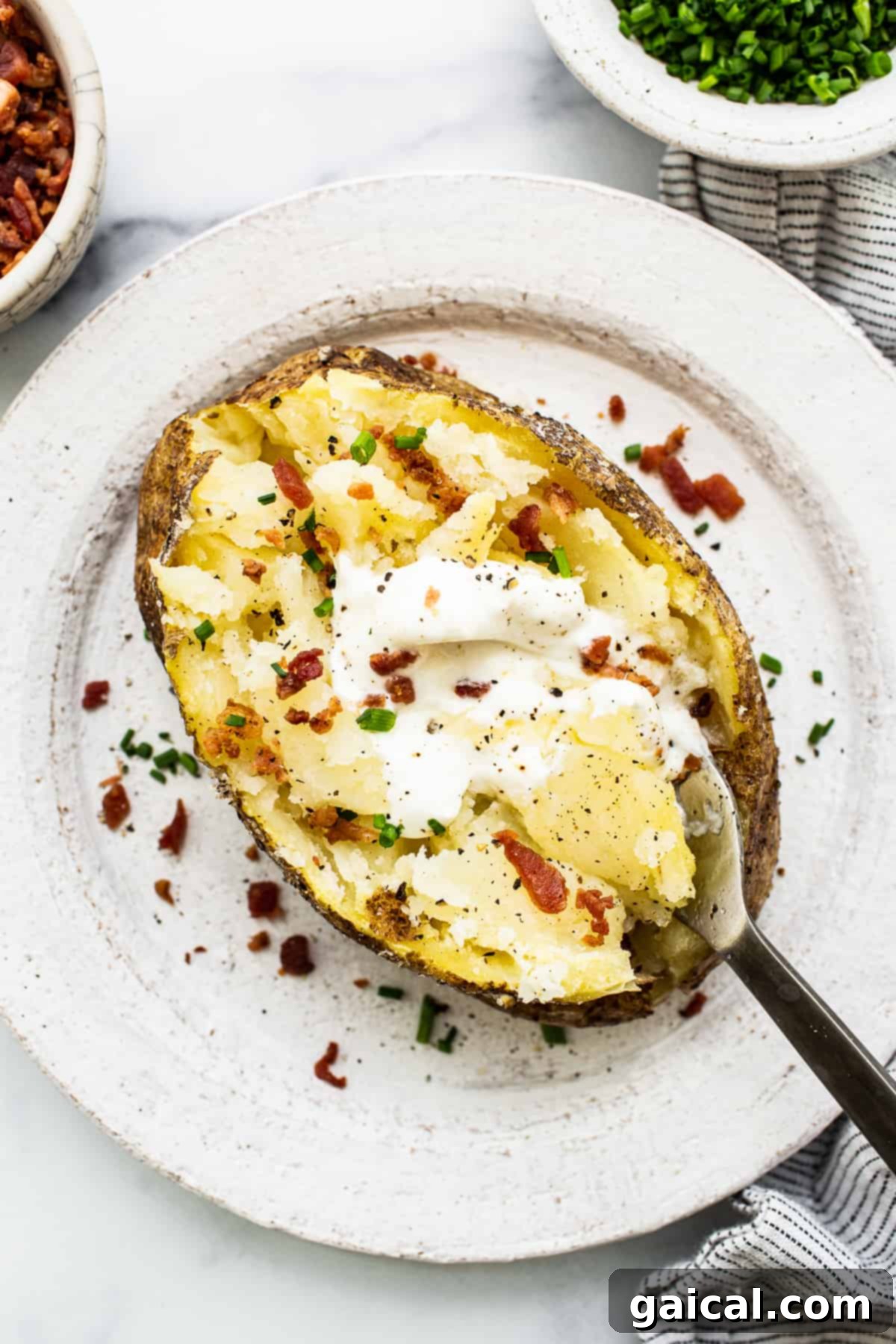 Microwave Potato Hack 2 Microwave baked potato with toppings.
