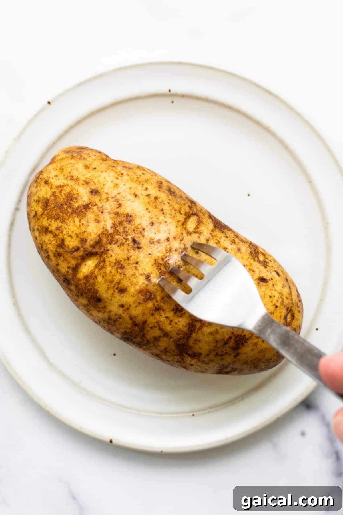 Microwave Potato Hack 3 Poking holes in a potato with a fork.