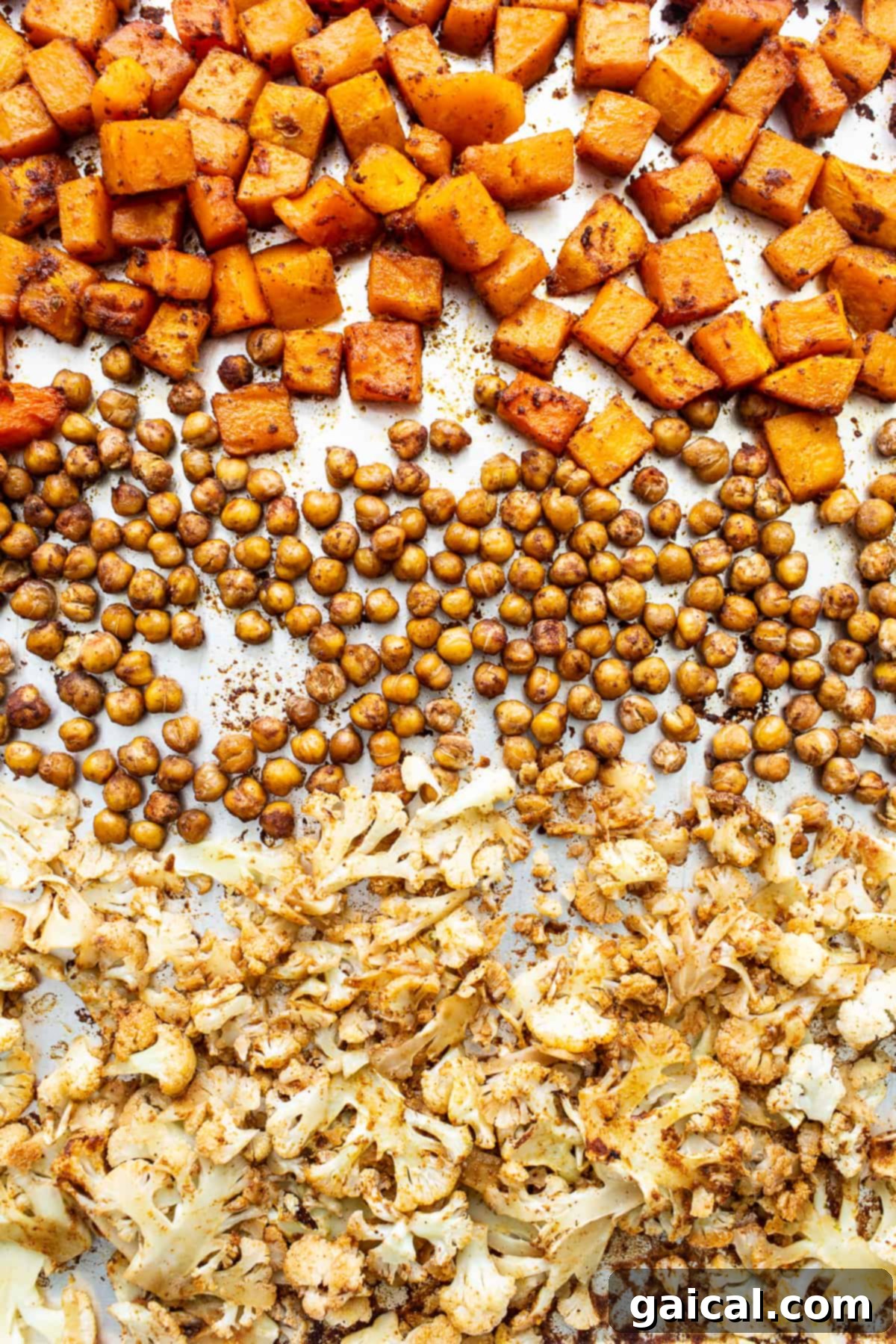 A baking sheet laden with perfectly roasted butternut squash cubes, seasoned chickpeas, and delicate cauliflower florets.