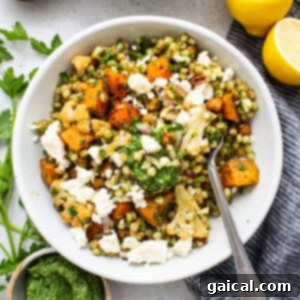 A vibrant and colorful bowl of Israeli couscous salad, garnished with fresh herbs and feta cheese.