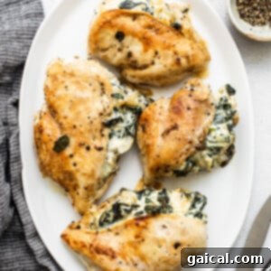 Cheesy Spinach Stuffed Chicken 15 Cooked spinach and cheese stuffed chicken breasts on a white plate, ready to be enjoyed.