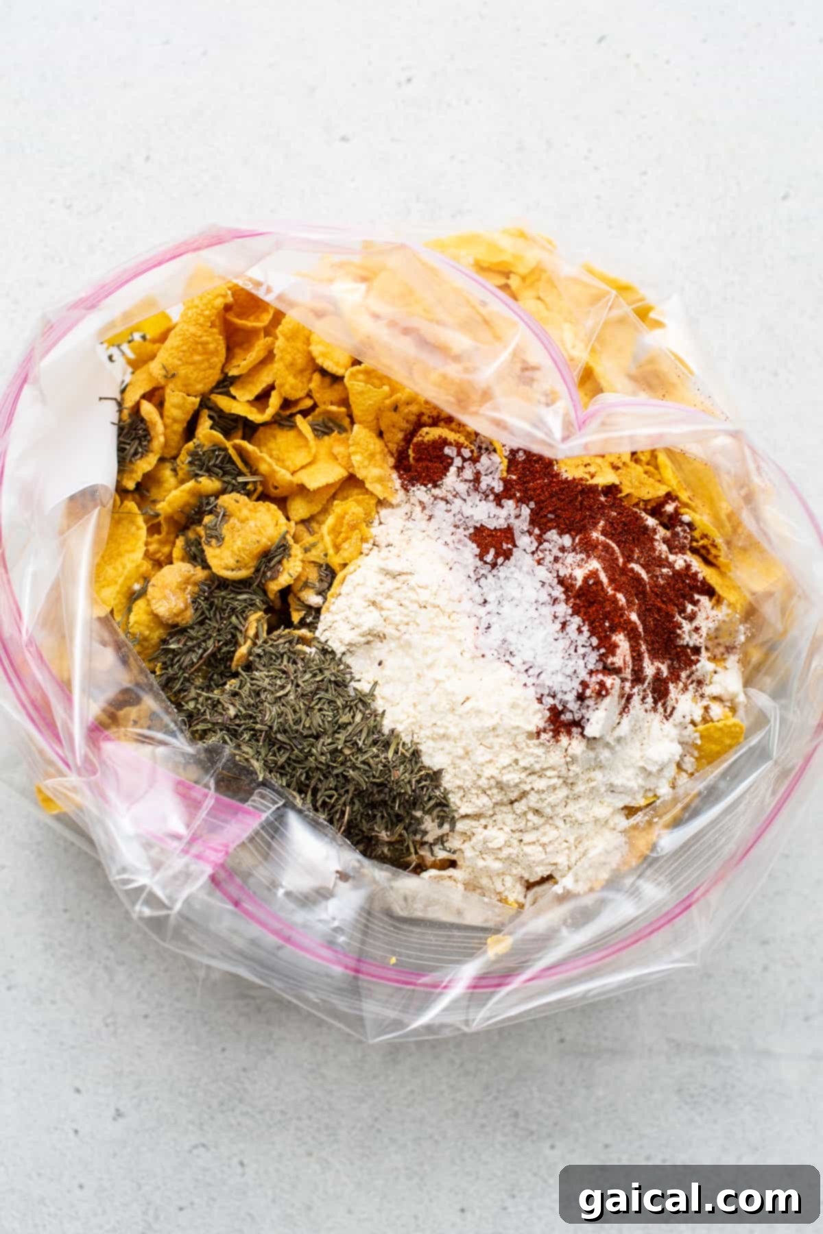 Close-up of cornflake mixture and spices in a resealable bag, ready for breading the chicken.