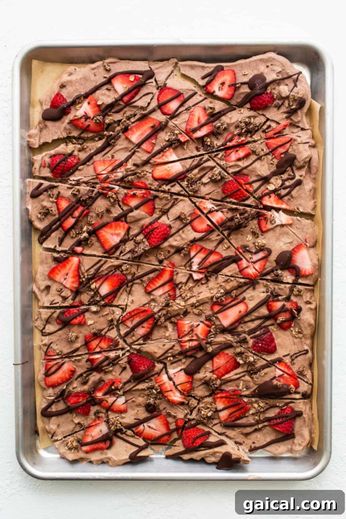 Chocolate strawberry frozen yogurt bark after freezing Frozen yogurt bark. topped with strawberries and drizzled with chocolate.