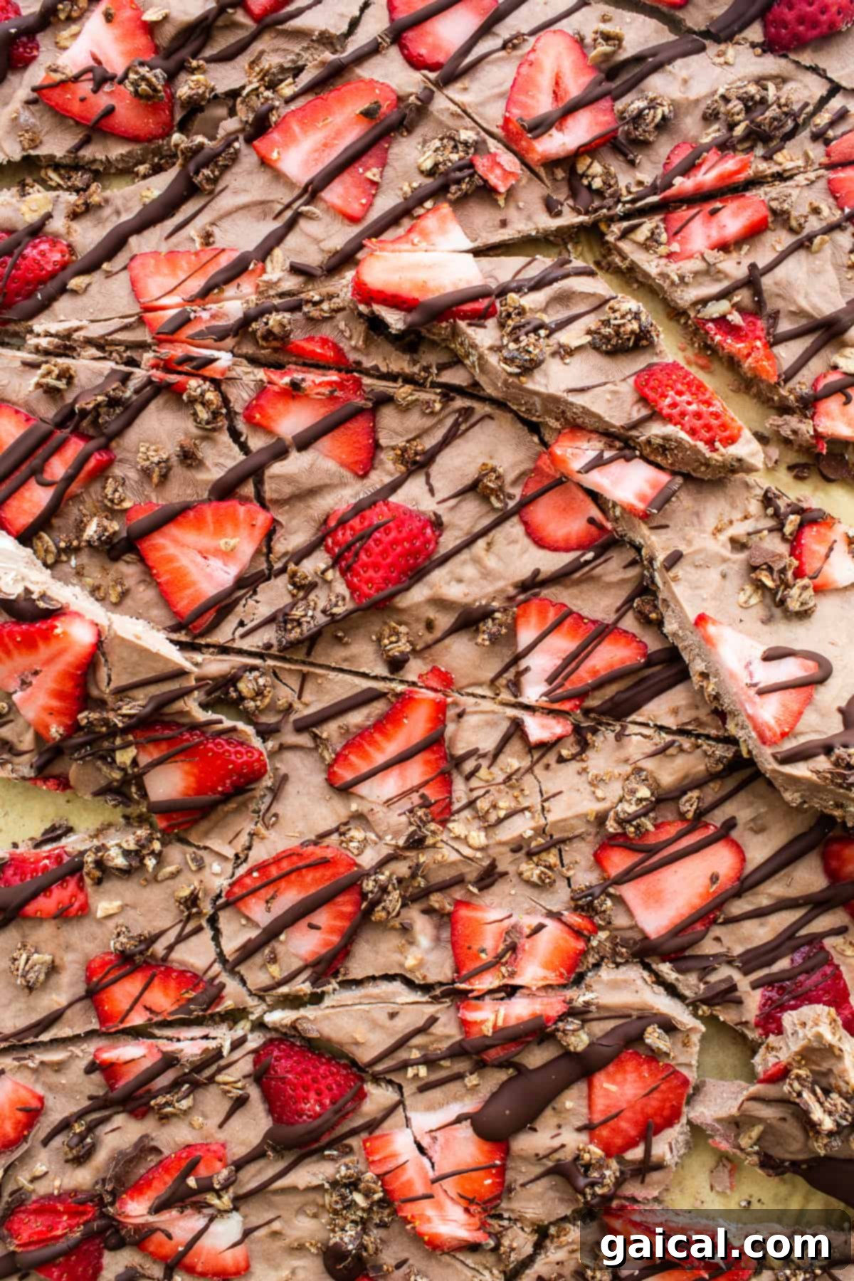 Ready-to-eat chocolate strawberry frozen yogurt bark pieces Frozen yogurt bark cut into chunks.