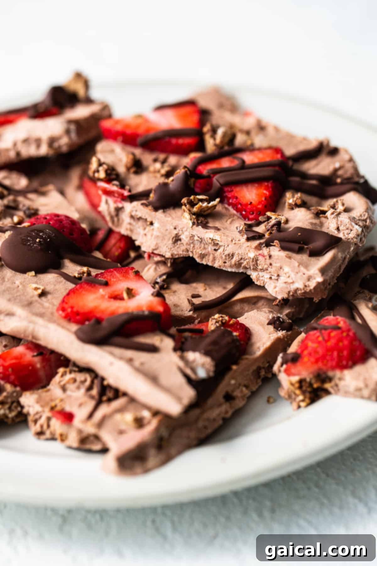 Enjoying a piece of chocolate strawberry frozen yogurt bark Frozen yogurt bark on a plate.