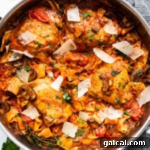 One-Pot Creamy Chicken Thigh Pappardelle 2 Pappardelle pasta in a skillet.