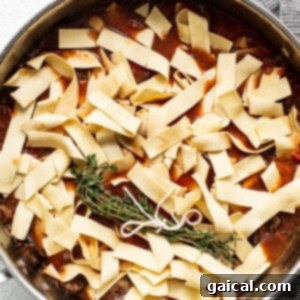A skillet filled with meat and noodles.