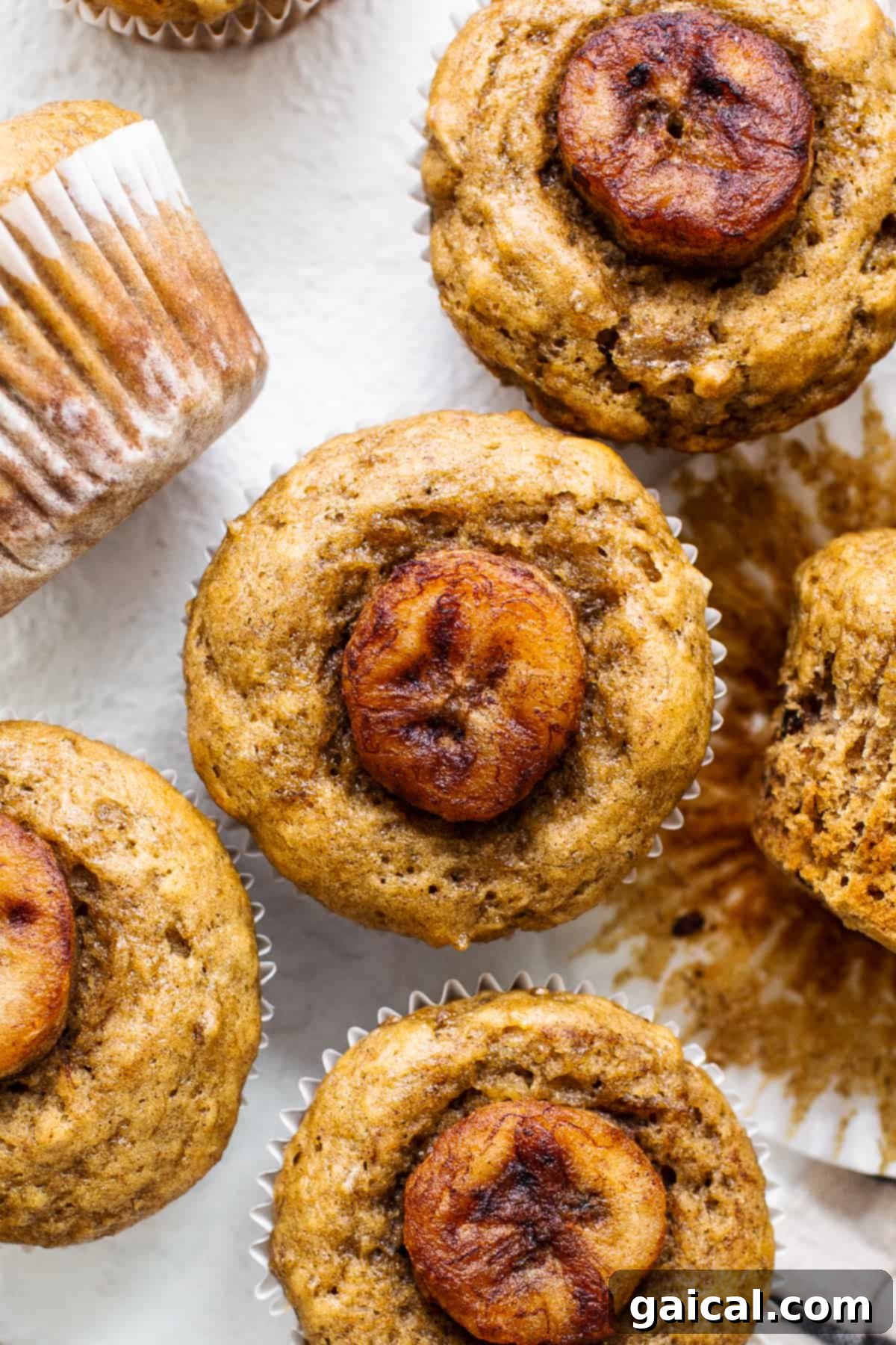 Delicious Bananas Foster muffin topped with golden caramelized banana slices