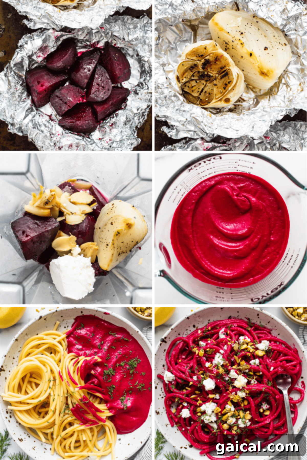 A visual collage showing the stages of making roasted beet pasta: roasted beets and onions, creamy blended beet sauce, and spaghetti tossed in the finished vibrant pink sauce, garnished with cheese and herbs.