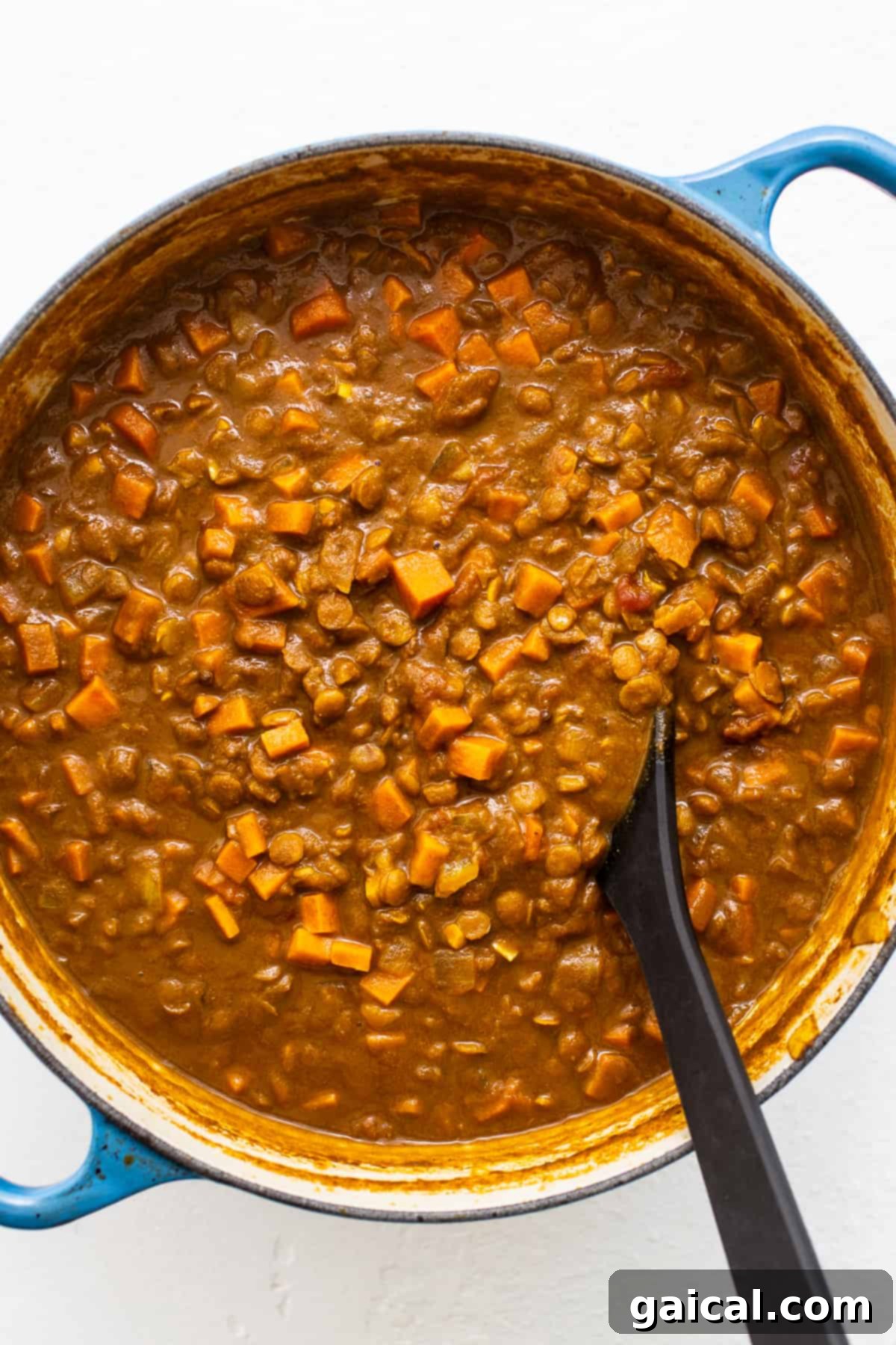 Simmering Vegetarian Lentil Curry in a Dutch Oven A rich vegetarian lentil curry simmering to perfection in a large Dutch oven, with vibrant colors and a thick, creamy sauce visible.