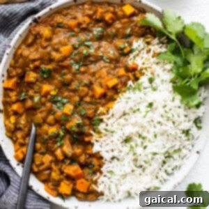 A vibrant bowl of vegetarian lentil curry, garnished with fresh cilantro and ready to serve.